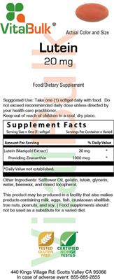 Photo of the VitalBulk Lutein 20 mg label