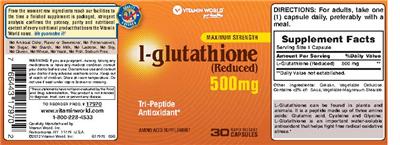 Photo of the Vitamin World Maximum Strength L-Glutathione 500 mg label