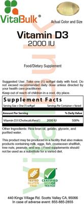 Photo of the VitalBulk Vitamin D3 2000 IU label
