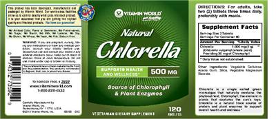 Photo of the Vitamin World Natural Chlorella 500 mg label