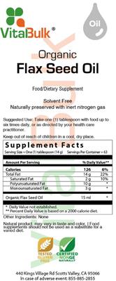 Photo of the VitalBulk Organic Flax Seed Oil label