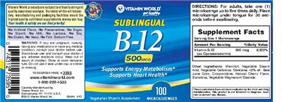 Photo of the Vitamin World Sublingual B-12 500 mcg label
