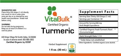 Photo of the VitalBulk Certified Organic Turmeric label