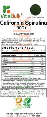 Photo of the VitalBulk California Spirulina 500 mg label