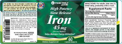 Photo of the Vitamin World High Potency Slow Release Iron 45 mg label