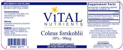 Photo of the Vital Nutrients Coleus Forskohlii 90 mg label