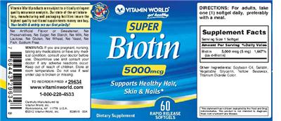 Photo of the Vitamin World Super Biotin 5000 mcg label