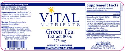 Photo of the Vital Nutrients Green Tea Extract 80% 275 mg label