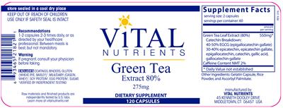 Photo of the Vital Nutrients Green Tea Extract 80% 275 mg label