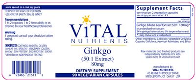 Photo of the Vital Nutrients Ginkgo (50:1 Extract) 80 mg label