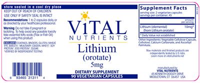 Photo of the Vital Nutrients Lithium (Orotate) 5 mg label