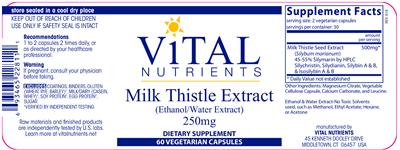 Photo of the Vital Nutrients Milk Thistle Extract (Ethanol/Water Extract) 250 mg label