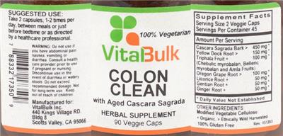 Photo of the VitalBulk Colon Clean with Aged Cascara Sagrada label