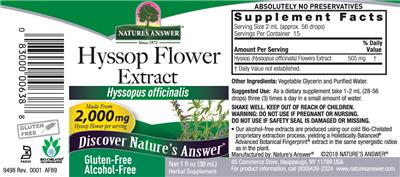 Photo of the Nature's Answer Hyssop Flower Extract Alcohol-Free label