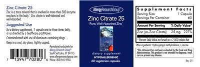 Photo of the Allergy Research Group Zinc Citrate 25 label