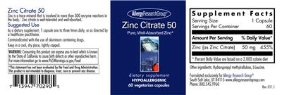 Photo of the Allergy Research Group Zinc Citrate 50 label