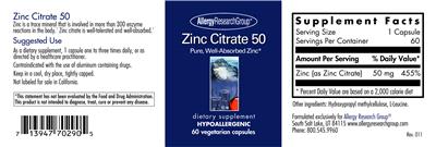 Photo of the Allergy Research Group Zinc Citrate 50 label