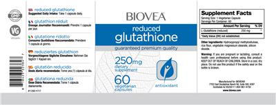 Photo of the BIOVEA Reduced Glutathione 250 mg label
