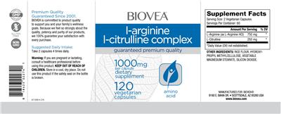 Photo of the BIOVEA L-Arginine L-Citrulline Complex 1000 mg label