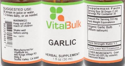 Photo of the VitalBulk Garlic label