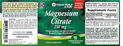 Photo of the Vitamin World Magnesium Citrate 250 mg label