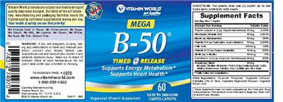Photo of the Vitamin World Mega B-50 Timed Release label