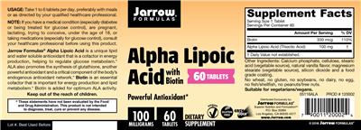 Photo of the Jarrow Formulas Alpha Lipoic Acid 100 mg label