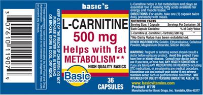 Photo of the Basic Vitamins L-Carnitine 500 mg label