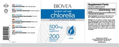 Photo of the BIOVEA Broken Cell Wall Chlorella 500 mg label