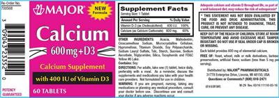 Photo of the Major Calcium 600 mg + D3 400 IU label