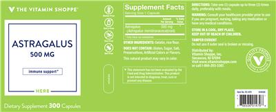 Photo of the The Vitamin Shoppe Astragalus 500 mg label