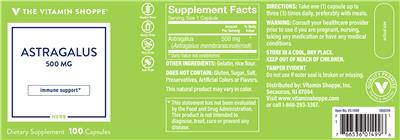 Photo of the The Vitamin Shoppe Astragalus 500 mg label