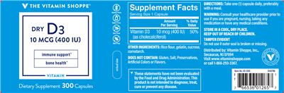Photo of the The Vitamin Shoppe Dry D3 10 mcg (400 IU) label