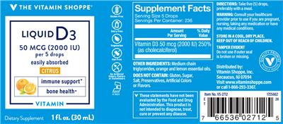 Photo of the The Vitamin Shoppe Liquid D3 50 mcg (2000 IU) Citrus label