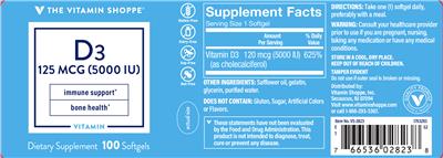 Photo of the The Vitamin Shoppe D3 125 mcg (5000 IU) label