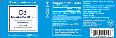 Photo of the The Vitamin Shoppe D3 125 mcg (5000 IU) label