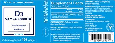 Photo of the The Vitamin Shoppe D3 50 mcg (2000 IU) label