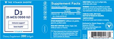 Photo of the The Vitamin Shoppe D3 25 mcg (1000 IU) label