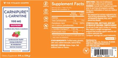 Photo of the The Vitamin Shoppe Carnipure L-Carnitine 1100 mg Raspberry label