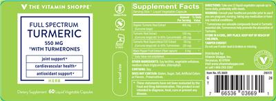 Photo of the The Vitamin Shoppe Full Spectrum Turmeric 550 mg label