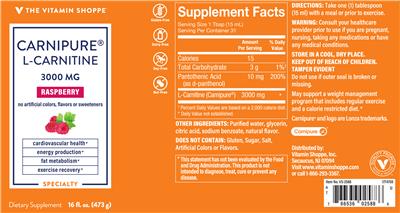 Photo of the The Vitamin Shoppe Carnipure L-Carnitine 3000 mg Raspberry label