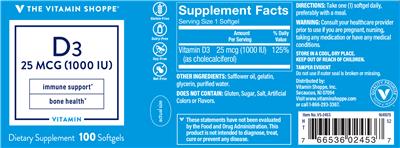 Photo of the The Vitamin Shoppe D3 25 mcg (1000 IU) label