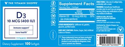 Photo of the The Vitamin Shoppe D3 10 mcg (400 IU) label