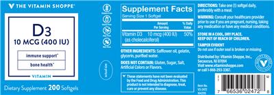 Photo of the The Vitamin Shoppe D3 10 mcg (400 IU) label