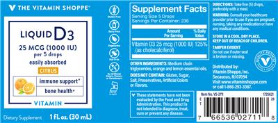 Photo of the The Vitamin Shoppe Liquid D3 25 mcg (1000 IU) Citrus label