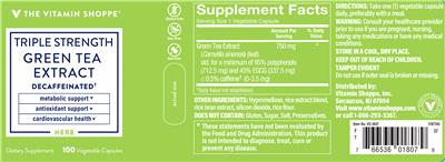 Photo of the The Vitamin Shoppe Green Tea Extract Triple Strength label