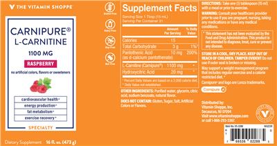 Photo of the The Vitamin Shoppe Carnipure L-Carnitine 1100 mg Raspberry label