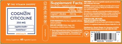 Photo of the The Vitamin Shoppe Cognizin Citicoline 250 mg label