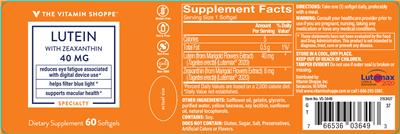 Photo of the The Vitamin Shoppe Lutein with Zeaxanthin 40 mg label