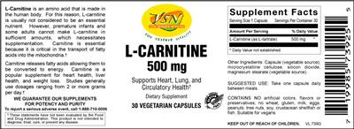 Photo of the VSN Vital Strength Nutrition L-Carnitine 500 mg label